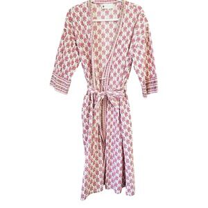 Ella Simone Womens Small Pink Floral Block Print 100% Cotton Robe Wrap India